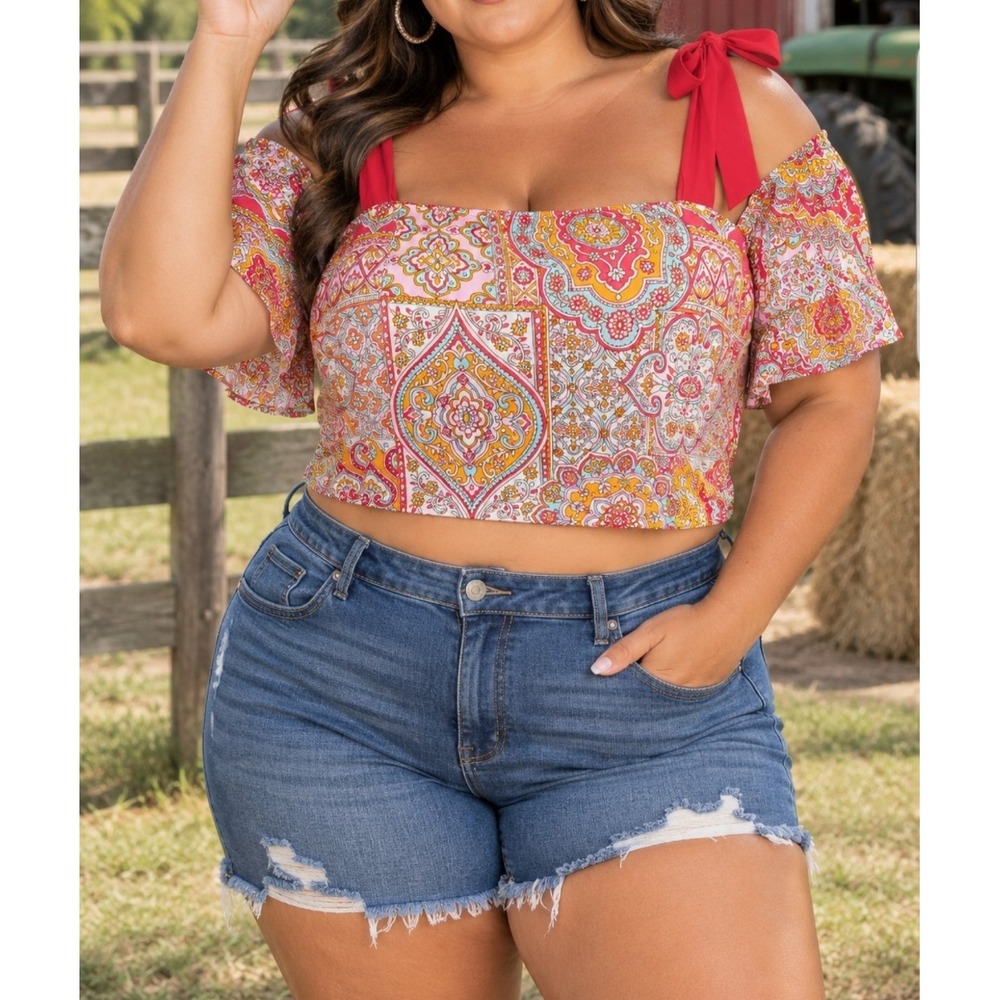 Venus Womens 2X Red Paisley Cold Shoulder Short Sleeve Top Coastal Boho NWOT